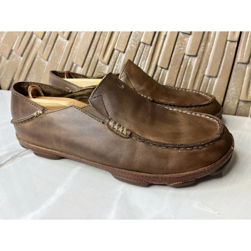 Olukai Moloa Men Leather Slip On Shoes Loafers Mules Slippers Sz 8.5 Brown